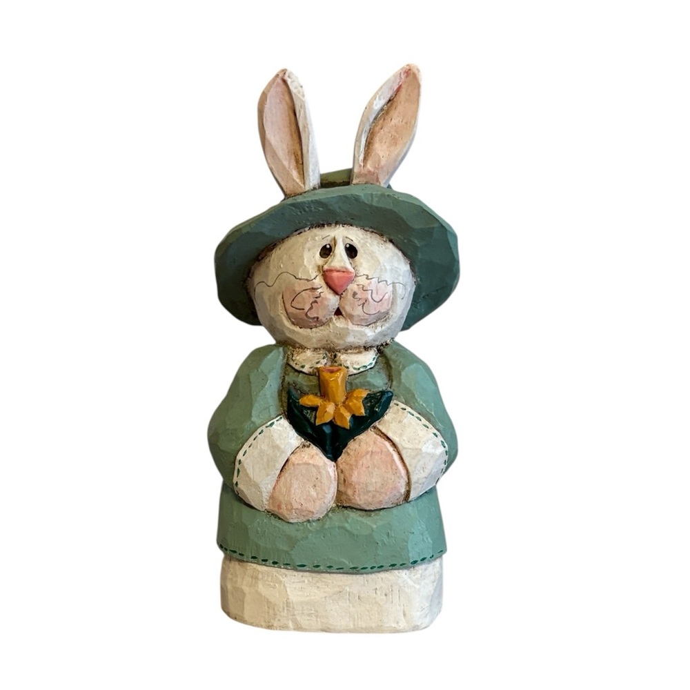 Folk Art Carved Bunny Figurine Designer Eddie Walker Spring Floral Green & White
